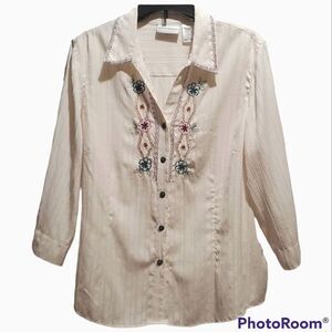 Alfred Dunner Embroidered Button Up Collared Long Sleeve Vintage Style Blouse 16